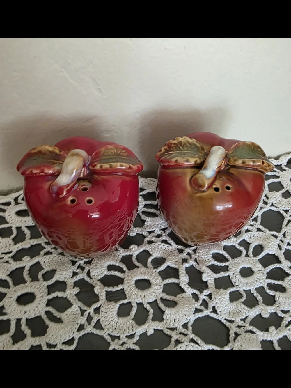 Glazed Ceramic Red Apple Salt and Pepper Shaker Set Cottagecore